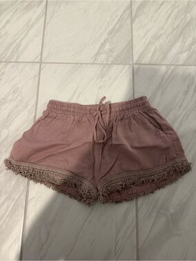 High-Waist Dusty Rose Fringe-Trim Women's Shorts